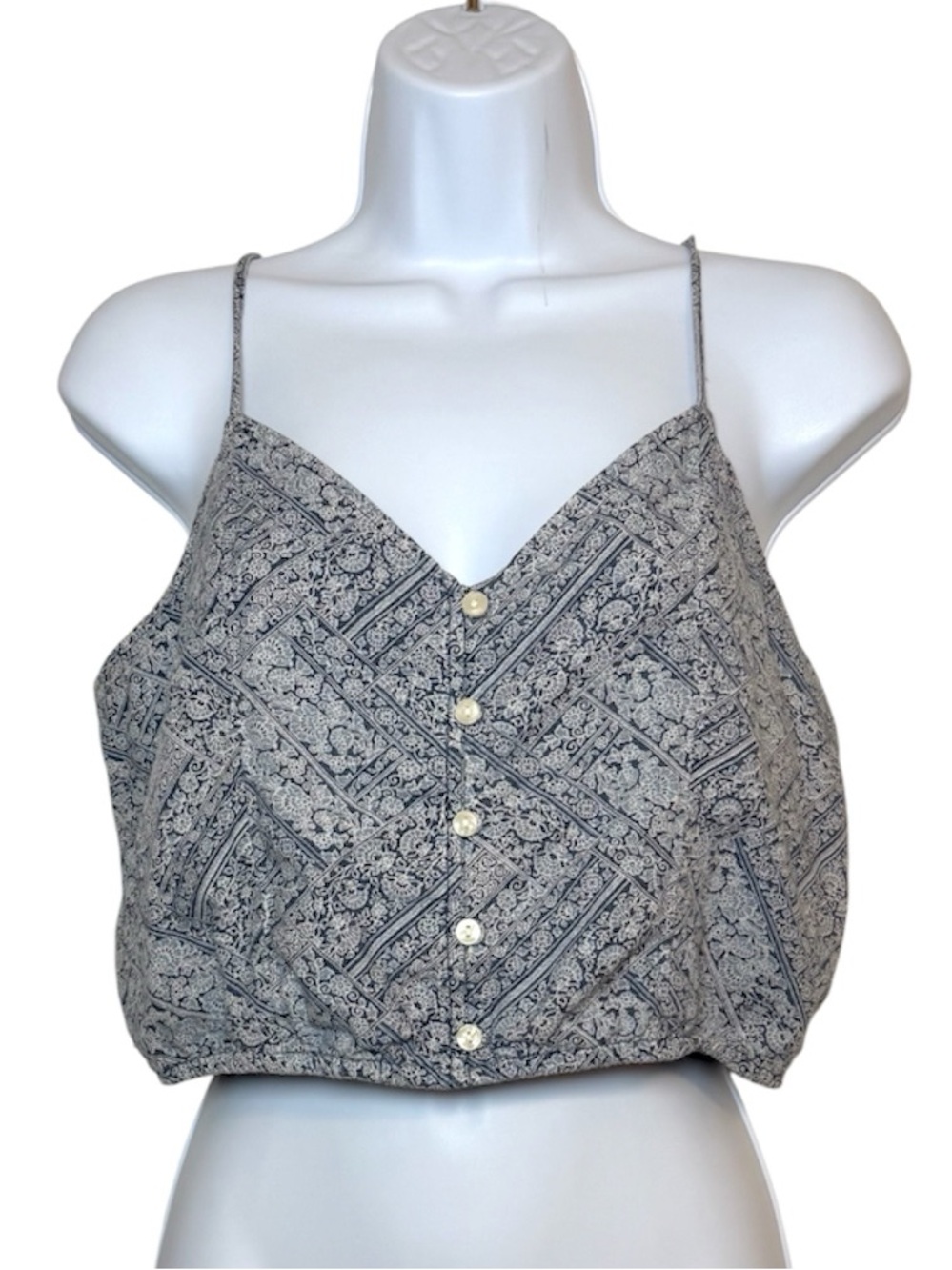 American Eagle Cropped Cami Tank Top Blue Paisley Print Button Front Boho